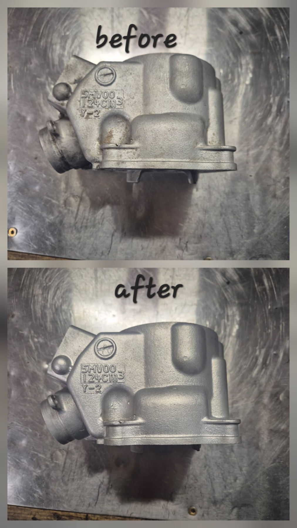 Aqua blasted motorcycle part before and after